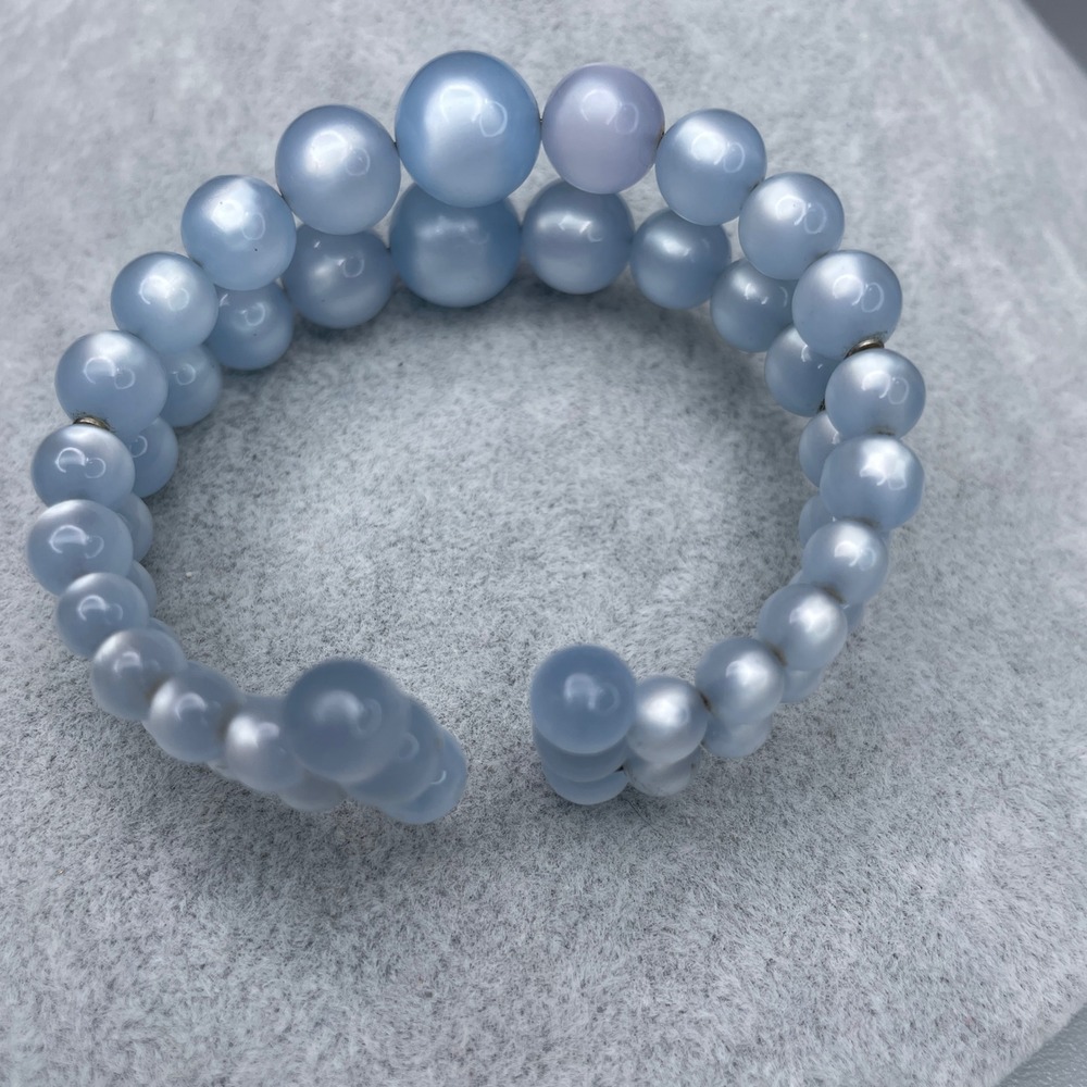 Vintage Moon Glow Bracelet Pastel Blue Lucite Bead Double Row Memory Wire 6.5"
